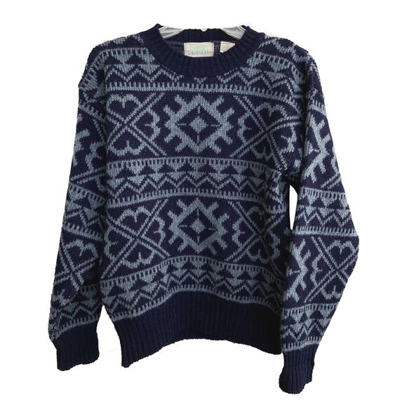 Vintage Blake & Manley Fair Isle Ski Sweater Blue Wool Blend Knit Pullover Sz S - Picture 1 of 3